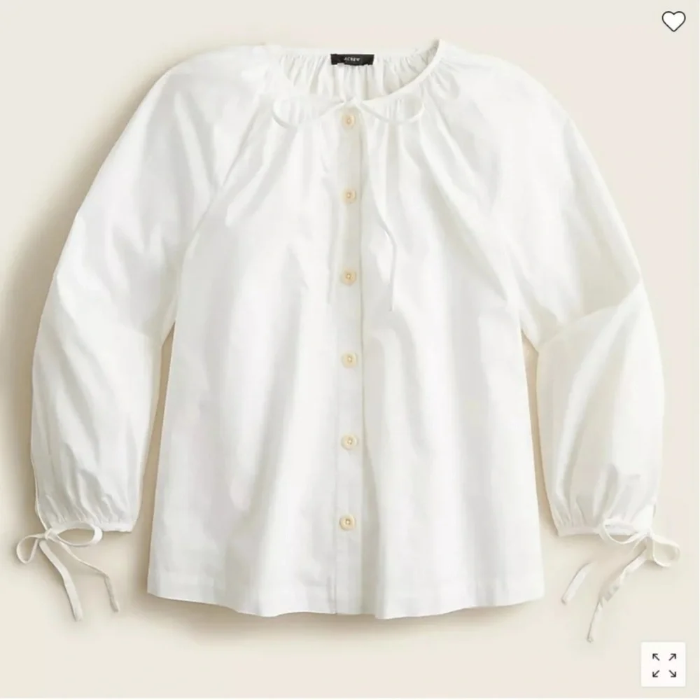 J. Crew Tie Sleeve Button Front Cotton Poplin Top in White Size Large - Picture 2 of 11